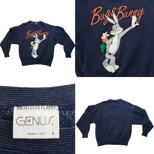 VTG 90s Rare Genus X Bugs Bunny Spellout Stripped Made in USA Sweatshirt Pullove
